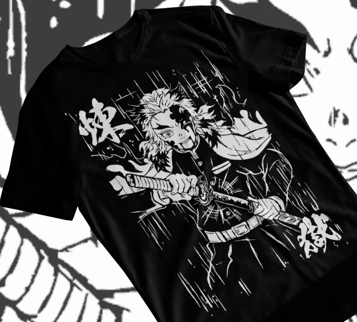 

Kyojuro Rengoku T-Shirt Kimetsu no Yaiba Anime Demon Slayer Black Shirt Soft Tee