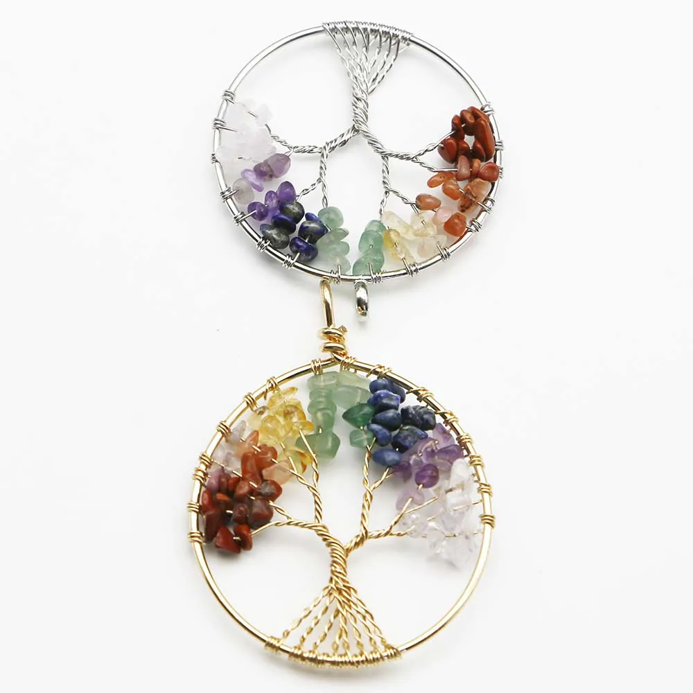Natural Stone Round Fortune Colorful Crystal Life Tree Pendant Necklace Reiki Charms DIY Jewelry Accessories Gift Wholesale 8Pcs