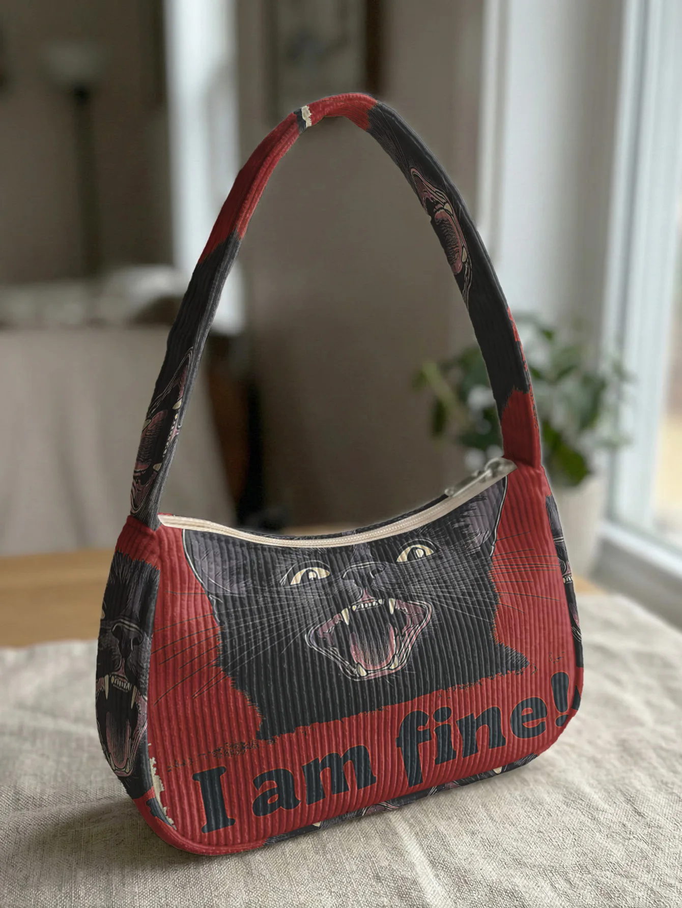 Trendy Black Cat Print Shoulder Bag, Corduroy Underarm Bag f