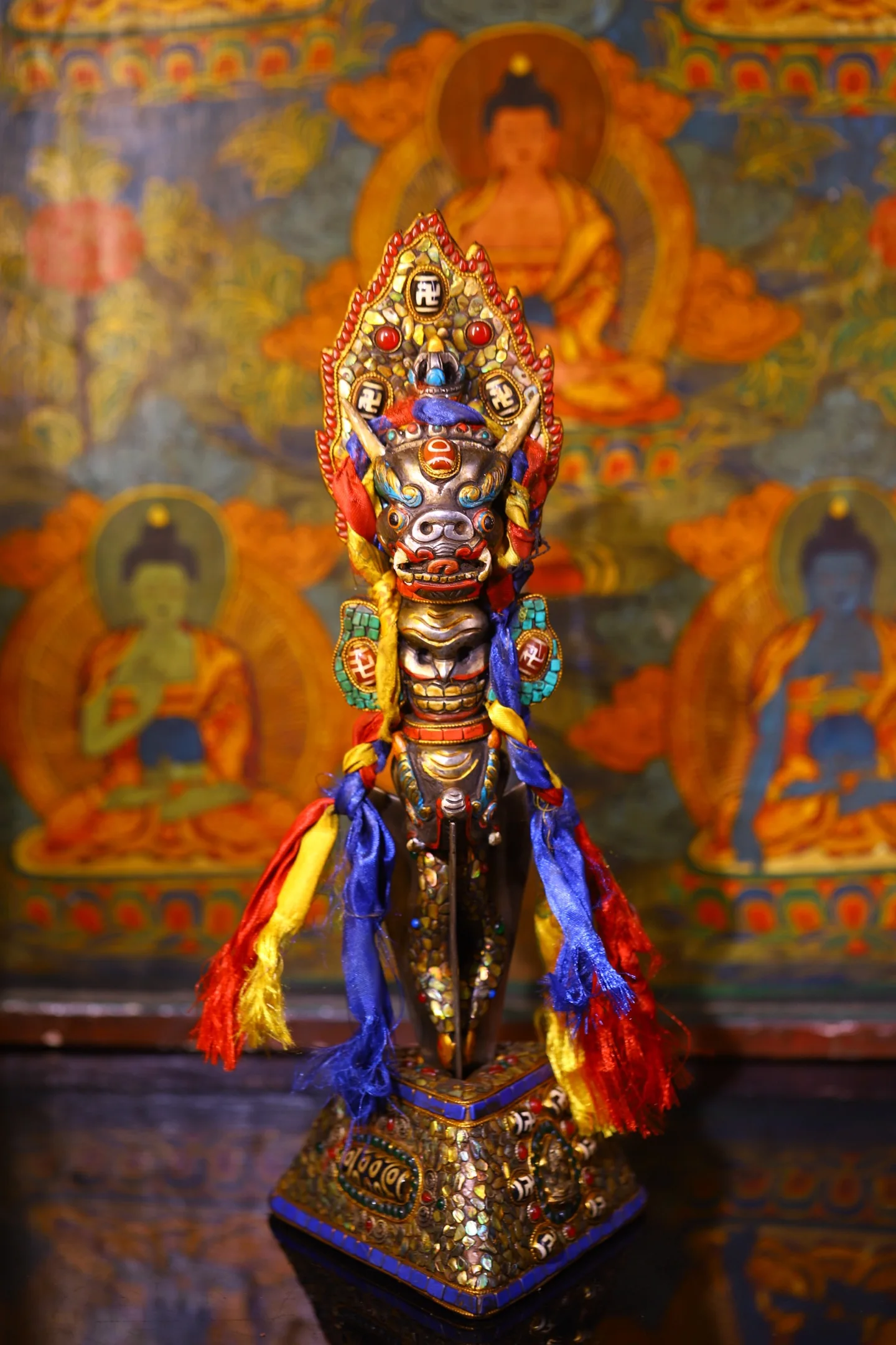 Tiantie Mosaic Gem gZi Beads Turquoise Shell Yamantaka Buddha Head Skull Vajra Base Worship Hall Town house