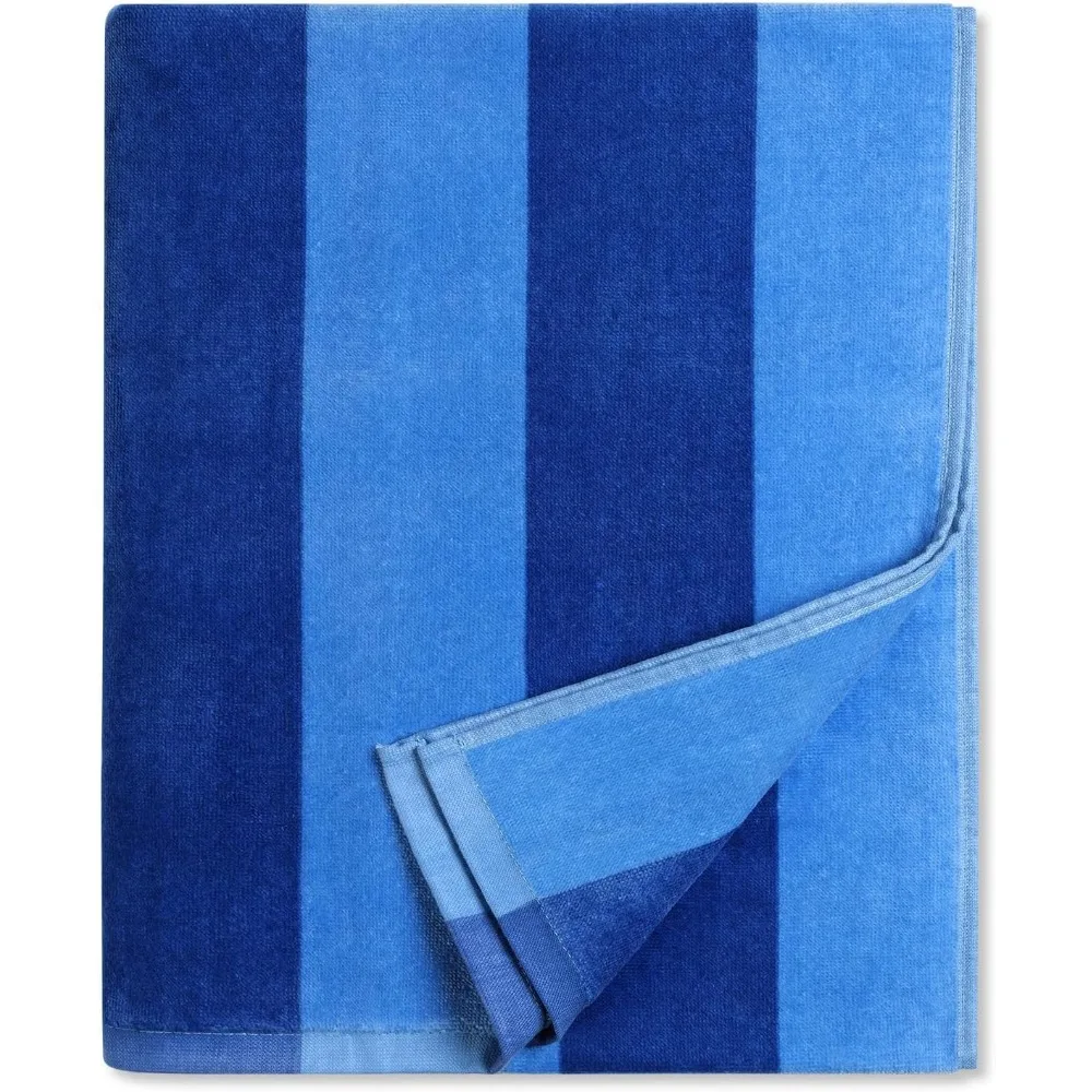 

Большое пляжное полотенце из хлопкового велюра 35x70 дюймов, синее в полоску, махровое, мягкое, для взрослых