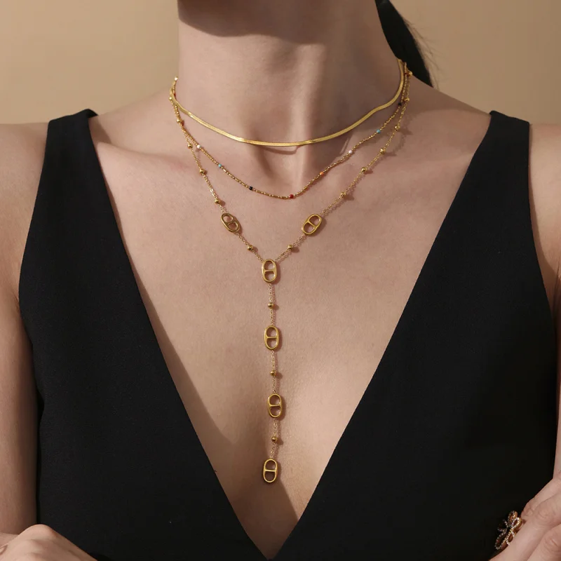 Stainless Steel 18K Gold Plated Y Drop Lariat Necklace Oval Double Loop Link Beaded Chain Long Adjustable Women Pendant Jewelry