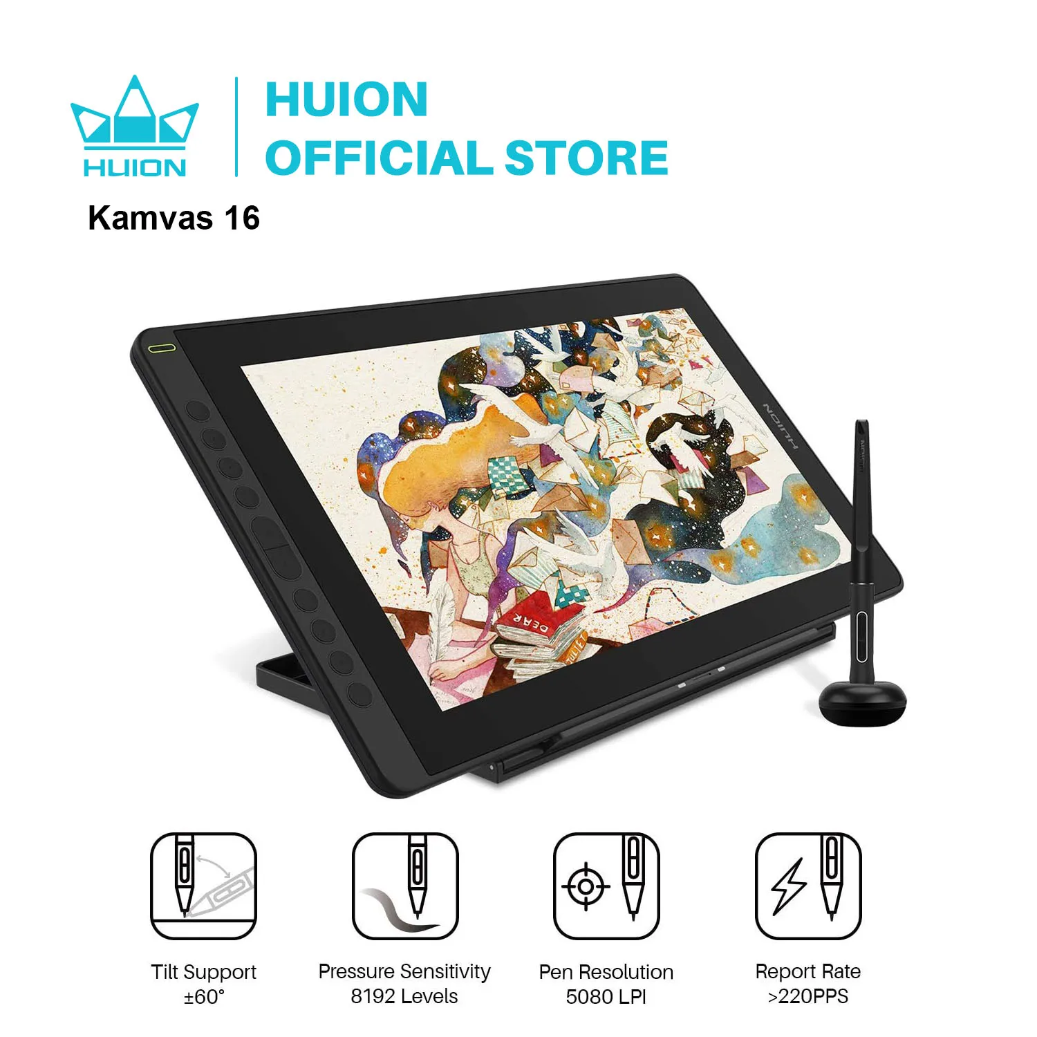 HUION Kamvas 16(2021) Monitor de desenho gráfico Tablet com caneta digital sem bateria para Windows/MAC e Android 120% s RGB