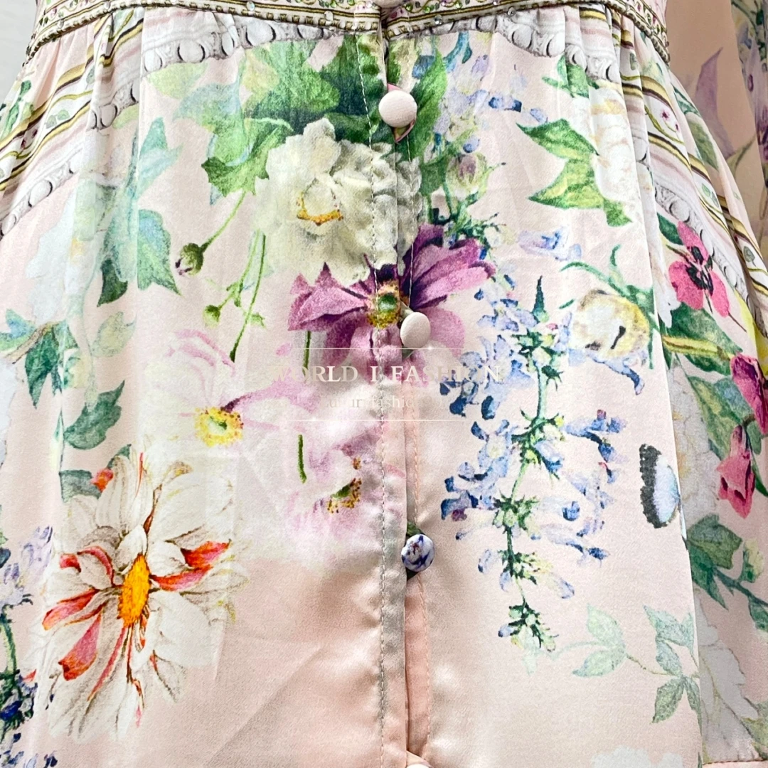 

Green Floral Print Long Sleeve V Neck Pleat Mini Dress 2025 High Quality Silk New Styles