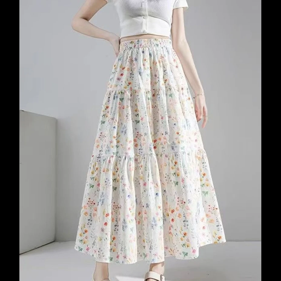 

Korean Style Gentle White Floral Half Skirt Women Summer New Thin Loose Slimming Versatile Midi Umbrella Skirt CityWalk