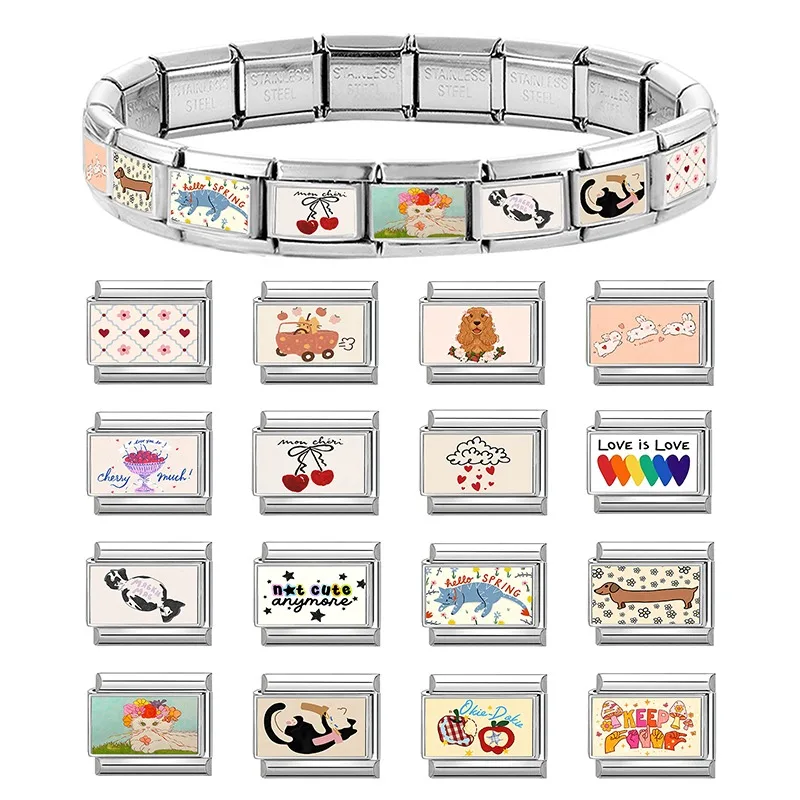 Fashion Personalized DIY Colorful Italian Charm Bracelet Garland Cats Cat Drive Car Bead 9mm Bracelet Stainless Steel Jewelrys