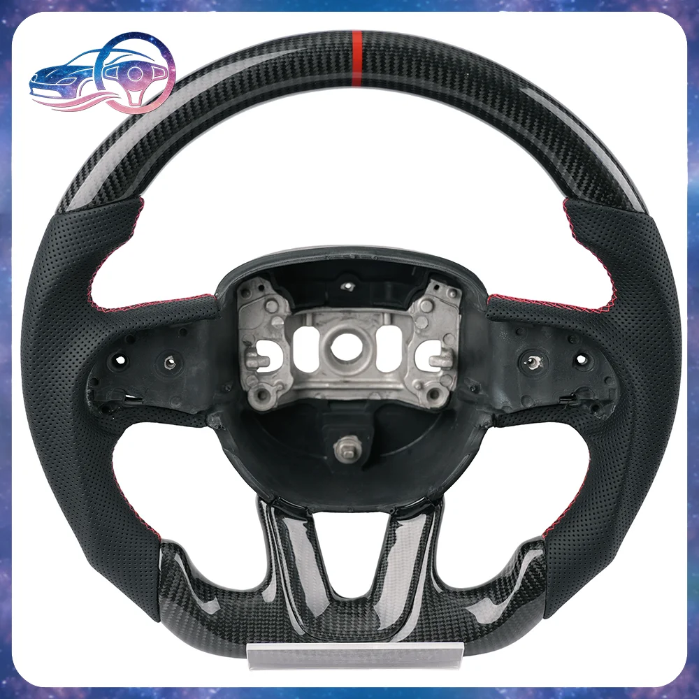 

Carbon Fiber Steering Wheel for Dodge Challenger Red Perforated Leather Flat Bottom Sport Style Charger Interior Upgrade