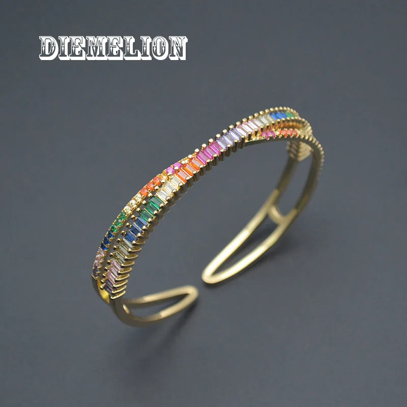 Elegant Baguette Zircon X Cross Shape Adjustable Open Bracelet Gold Plated Rainbow CZ Cuff Bangles for Women Wedding Jewelry