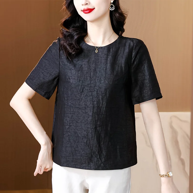 Été nouveau lâche femmes T-irt ort Sve soie Lyocell tissu ventre couvrant maman irt confortable respirant rond Ne haut