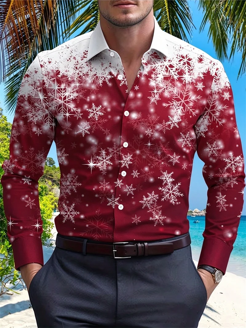 New men's shirt with Nordic Christmas pattern reindeer snowflake stripe, fake collar, printed flower, slim fit shirt