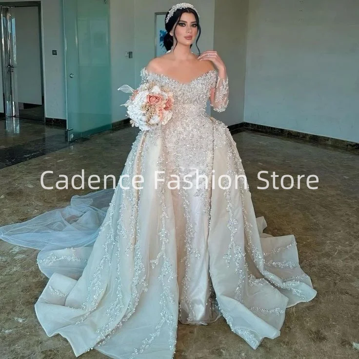 Customized Luxury Strapless Appliqued Pearls Sparkling Saudi Arabia Style Wedding Dresses Long Sleeve Gorgeous Bridal Gowns