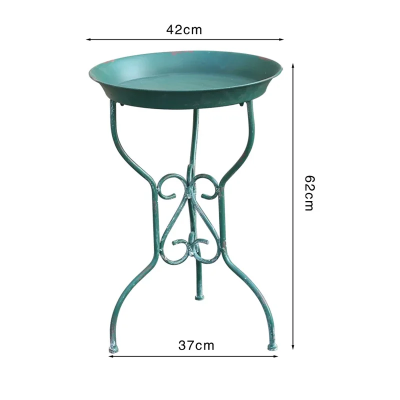 Vintage Metal Garden Table Rustic Green Round Patio Bistro Table Wrought Iron Plant Stand Outdoor Balcony Flower Display Table