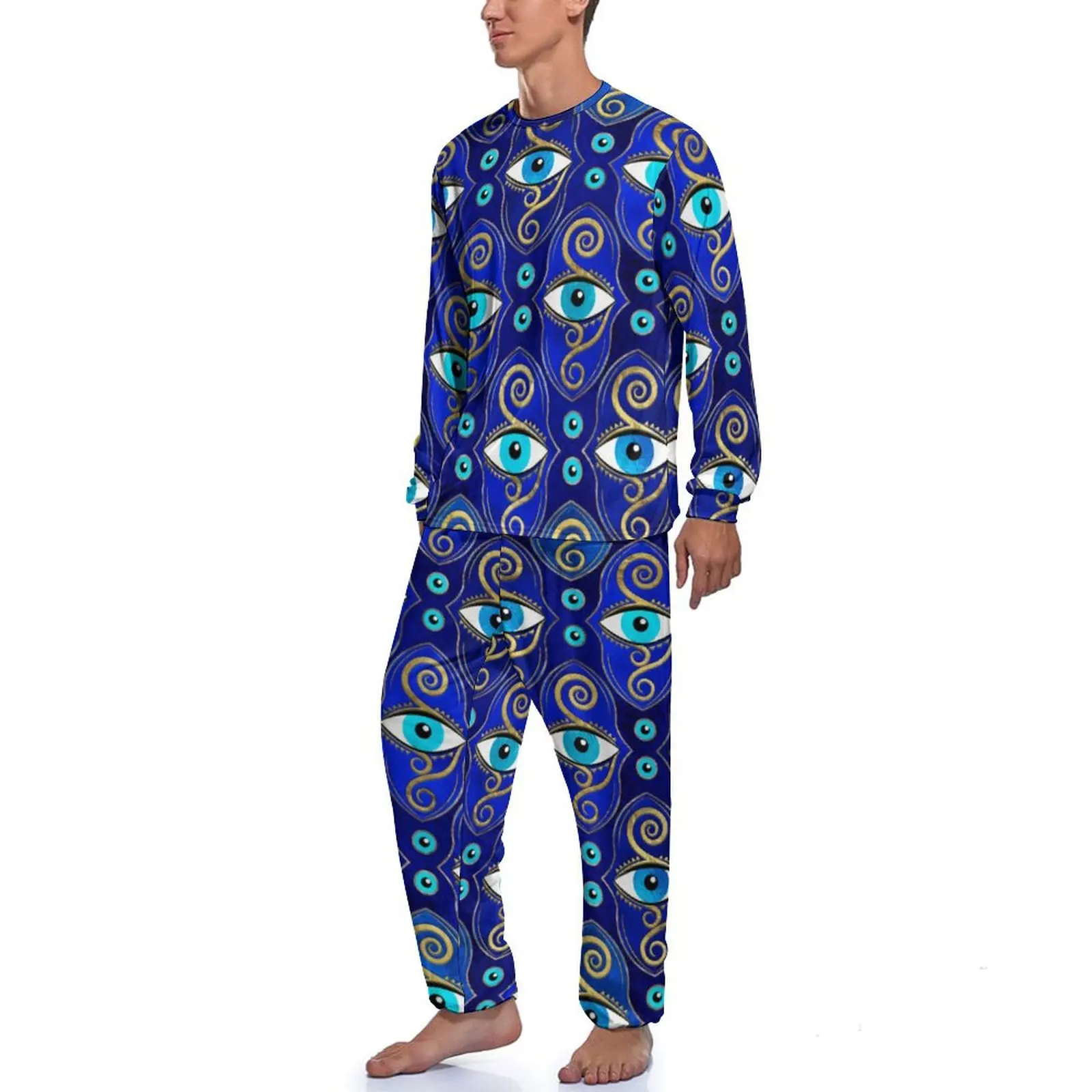 Piyama liontin mata jahat biru pakaian tidur grafis, baju tidur kasual lengan panjang pria, Set piyama Kawaii Yunani azimat harian 2 potong