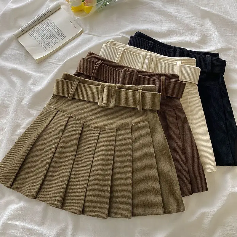 

2026 Women Belted Pleated Skirt Texture Corduroy Box Pleat Mini Skirt with Belt Teen-girl Academy School Autumn Winter Outfit