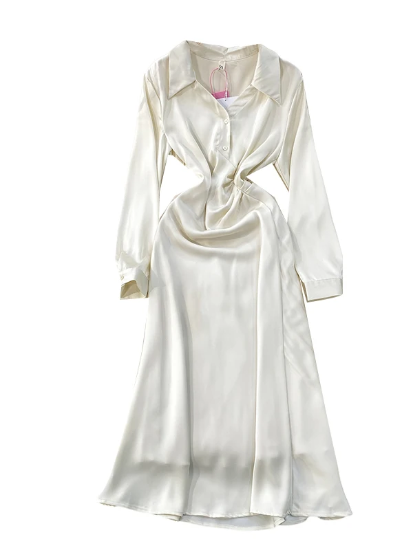 تنورة Ele V-ne طويلة على شكل حرف a Dr للسيدات بخصر عالٍ من قماش الساتان للتخسيس للخريف والشتاء Faion French Sle #5