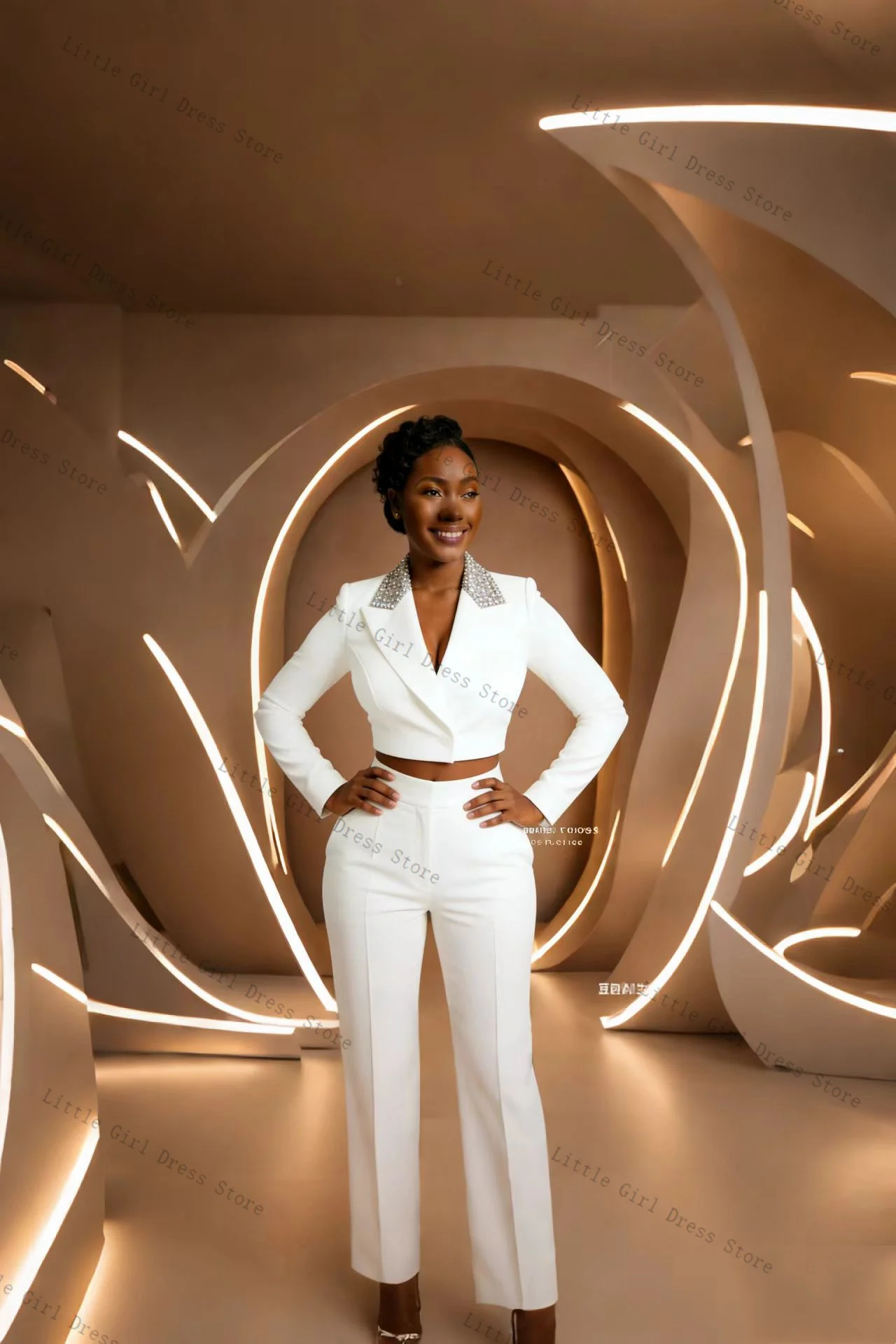 Weißes Damen-Anzug-Set mit Kristallen, 2-teilig, kurzer Blazer, Hose, formelle Büro-Damenjacke, Abschlussball, Hochzeit, Brautmantel, maßgeschneidert