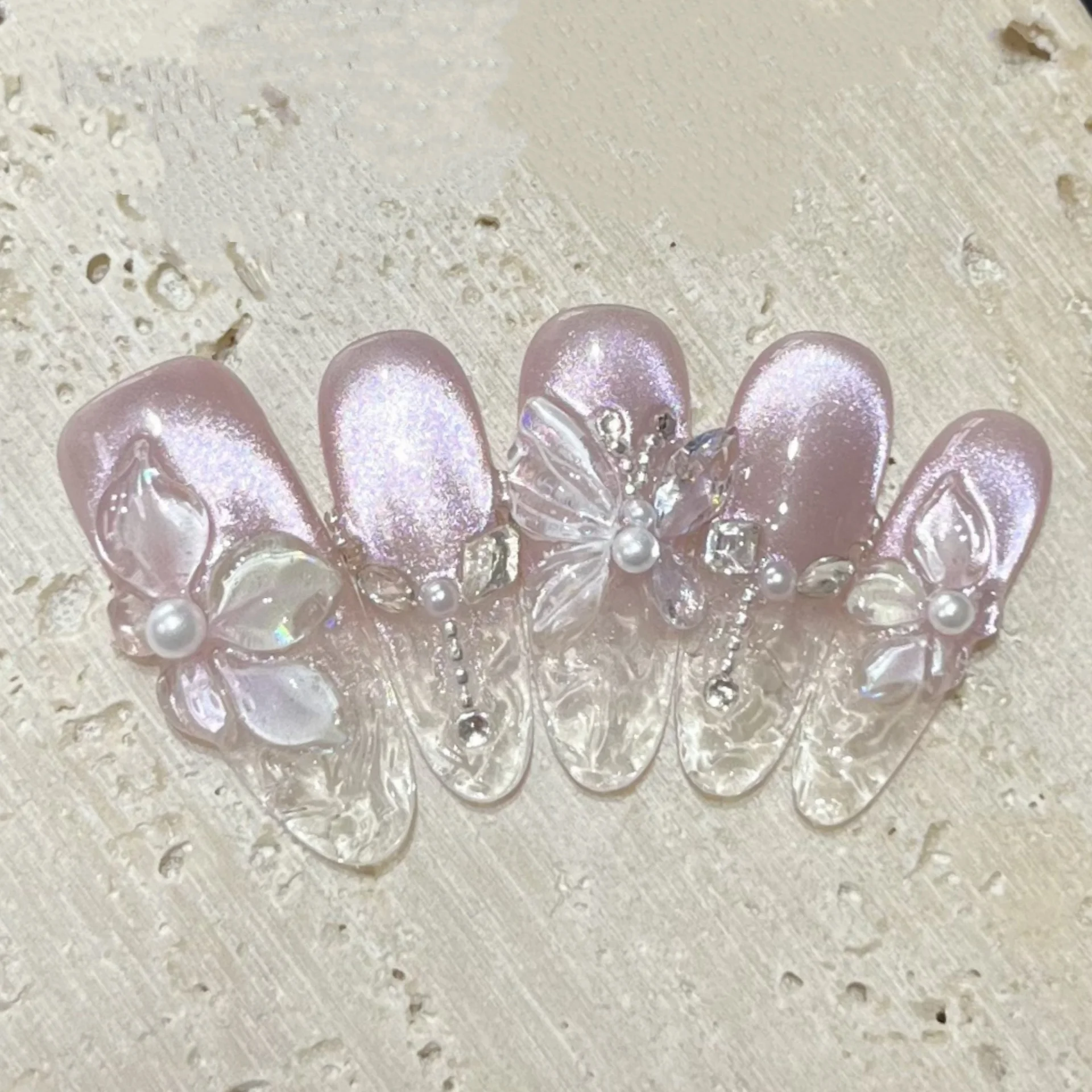 

10pcs Spring 3D Flower Handmade Press on Nails Tips Pearl Butterfly Petal Oval Fake Nail Art Cat's Eye Pink Purple False Nails