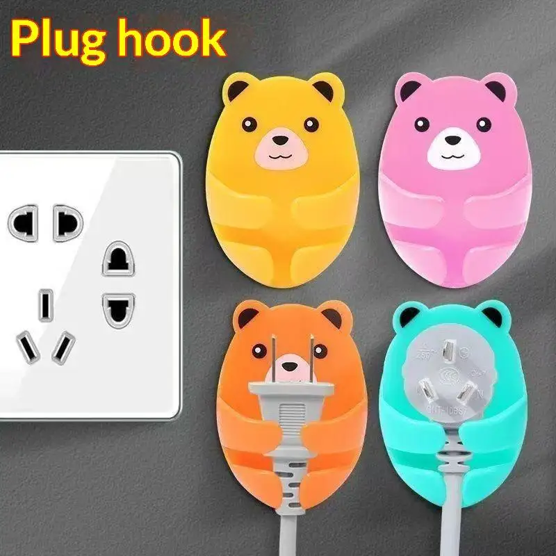 Home Storage Supplies 4PCS Cute Cartoon Bear Plug Hooks Punch-Free Strong Adhesive Wall Hooks Multi-scene Wire Socket Organizer