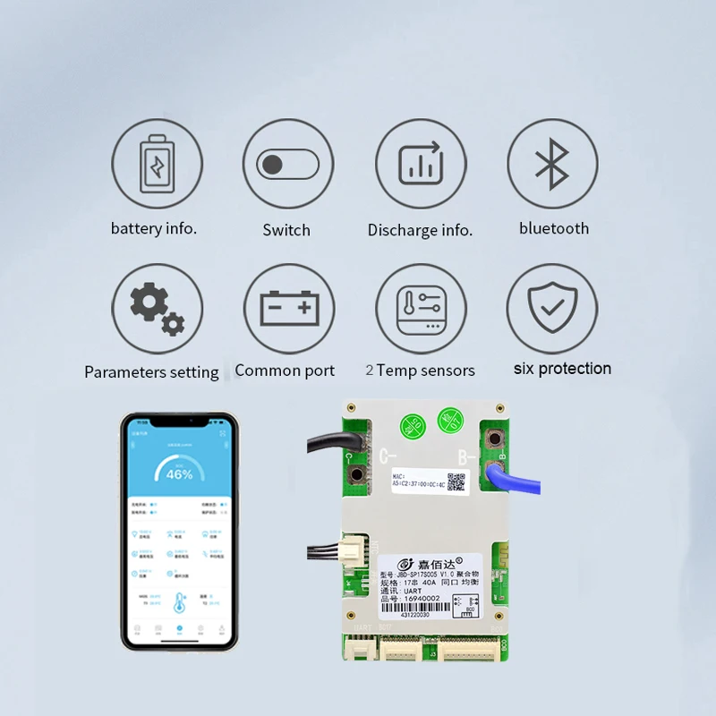 JBD تحديد تلقائي 10S 12S 13S 14S 15S 16S 17S Smart BMS عد 50A الذروة 150A BMS Lifepo4 المدمج في BT مع NTC UART