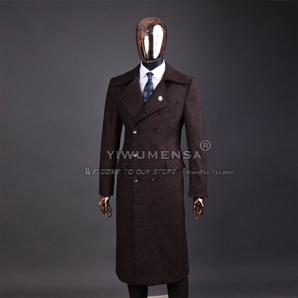 

Man Trench Coat Long Brown Woolen Double Breasted Men's Suit Jackets Custom Made Groomsmen Tuxedos Outwear Prom Party Blazers