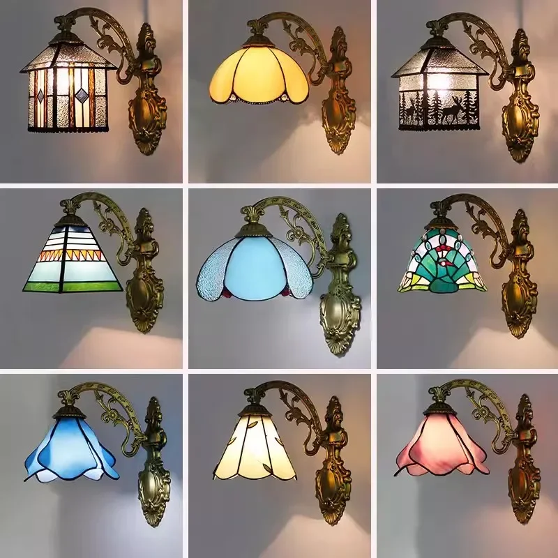 

European and American glass lighting style pastoral Mediterranean balcony wall lamp bedroom bedside aisle wall lamp