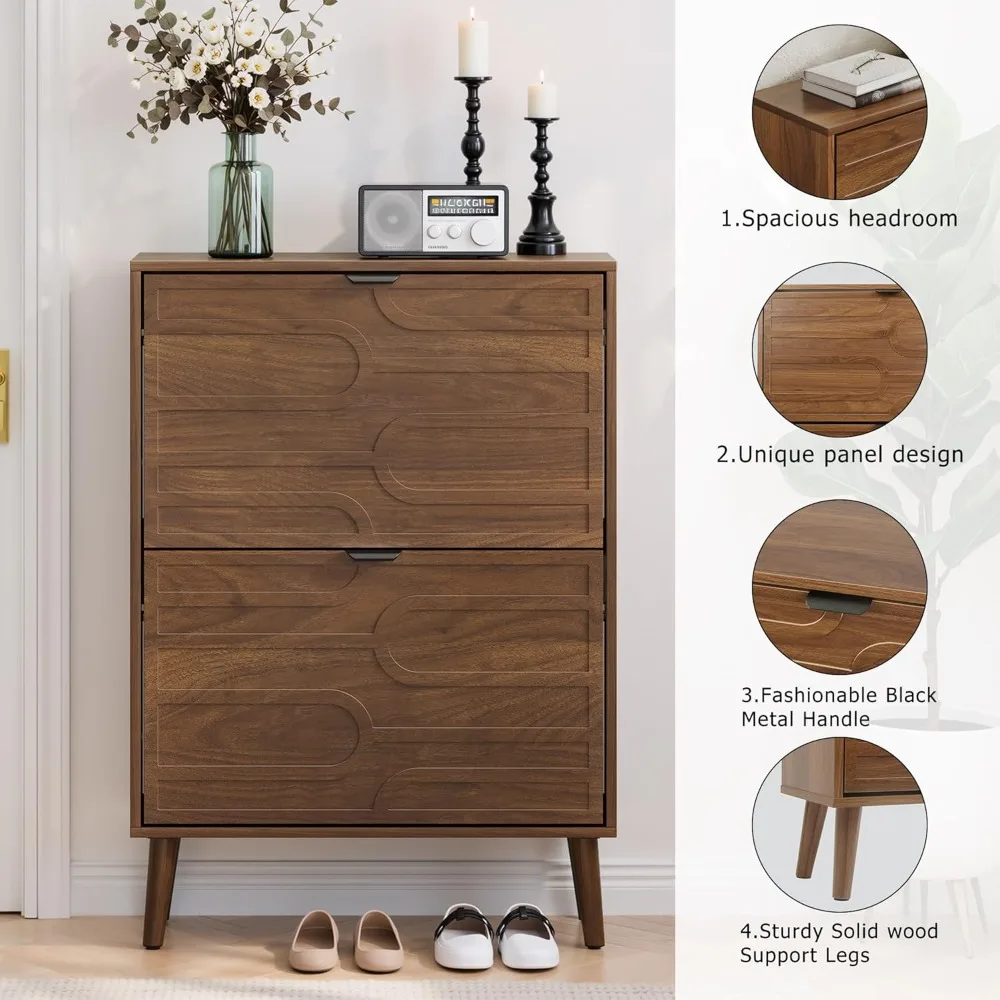 خزانة تخزين أحذية الجوز مع درجين قابلين للطي للمدخل، خزانة تنظيم رف الأحذية الضيقة مع أبواب للممر #6