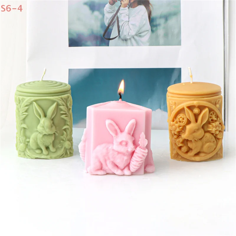 Cute Flower Bunny Carrot Cylinder Silicone Candle Mold - Embossed Rabbit Design for Aromatherapy Candle Making