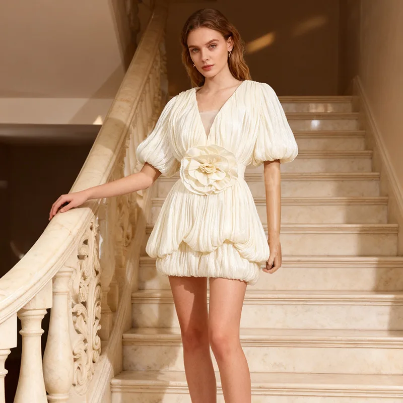 

Luxury High-end Brand Dress Women Floral Pleated Patchwork Design Puff Dress Party Gown V-neck Wedding Birthday Mini Dress Trend