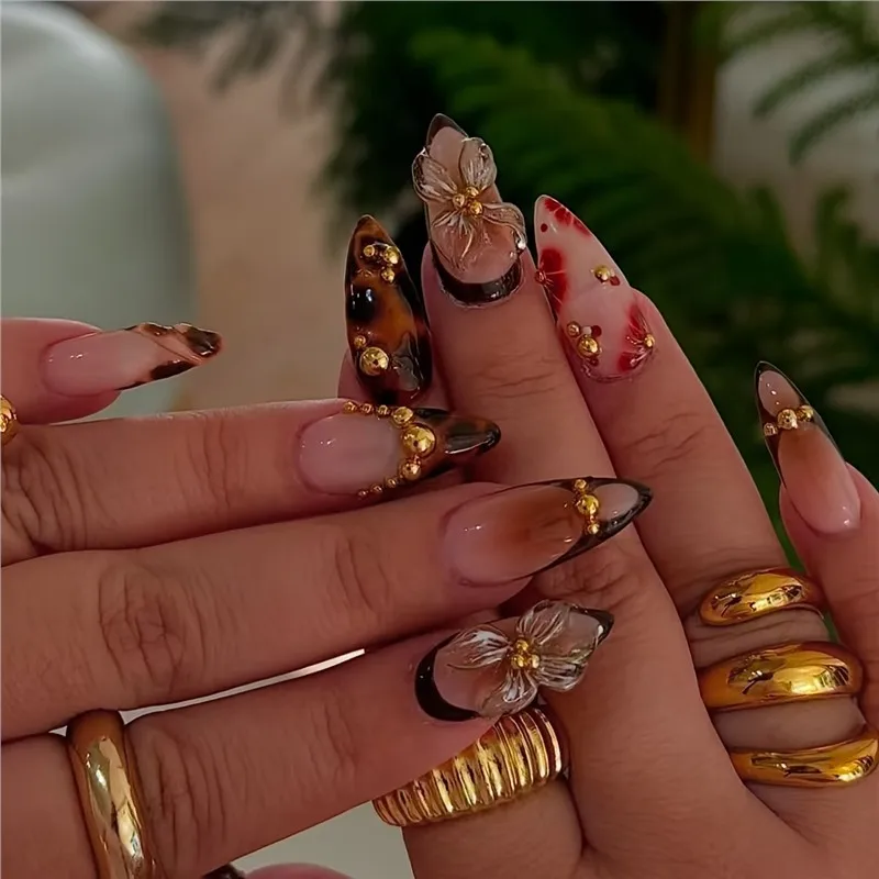 24pcs Long Almond False Nails with Flower Pearl Rhinestone Design Fake Nails Leopard Print Press on Nails Sets Finished Manicure