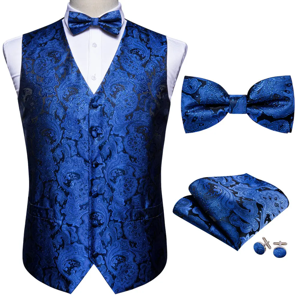 

Fashion Blue Floral Silk Vest Waistcoat Men Suit Vest Butterfly Handkerchief Cufflinks BowTie Vest Barry.Wang Business Design