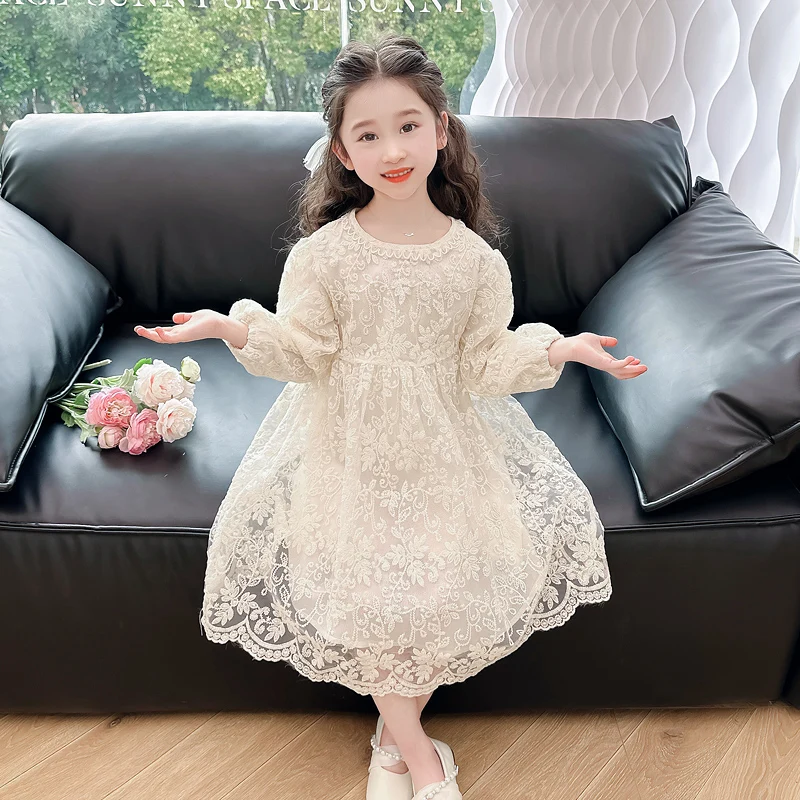 Girls pure color floral lace dress summer single piece