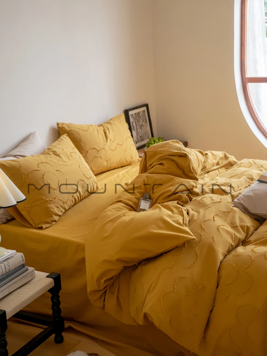Literary light luxury flower cutting cotton washed cotton four-piece set pastoral small fresh pure cotton quilt cover bed