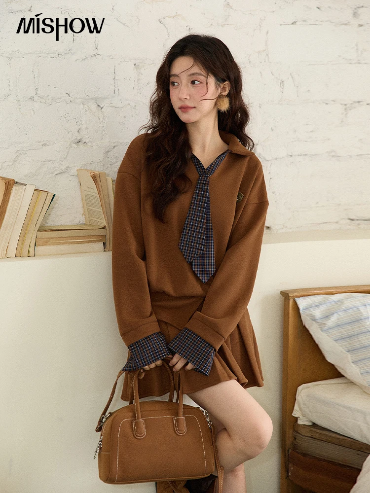 MISHOW Woman Skirt Suit 2025 Winter College Style Fake 2-piece Spliced Sweatshirt Pleated Skirt Casual Woman Sets MXE86T1447
