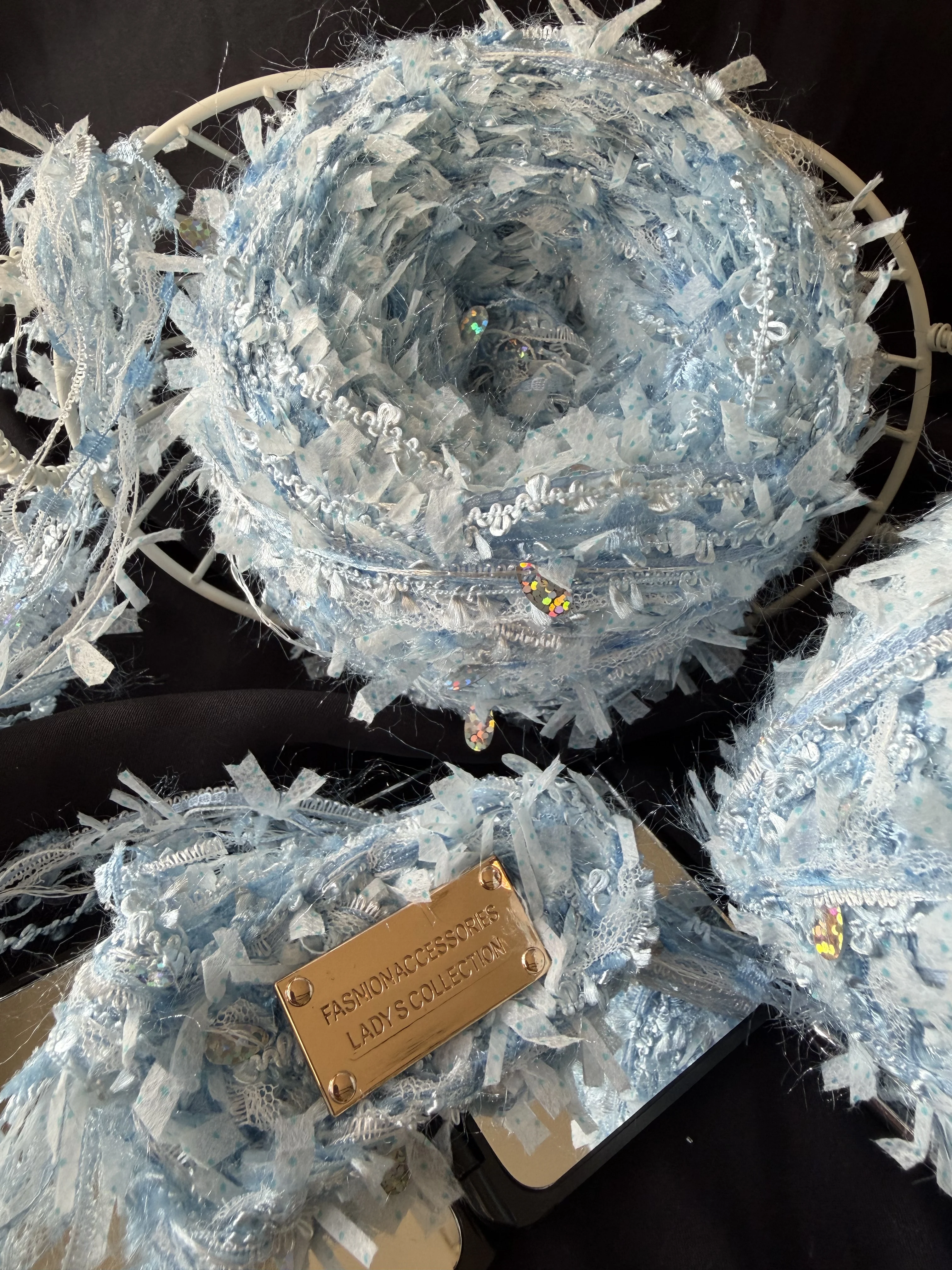 100g Per Skein Ice Blue Sequin Lace Hand Blended Yarn Fluffy Fancy Yarn for Crochet Knitting DIY Bag Scarf Craft view 6