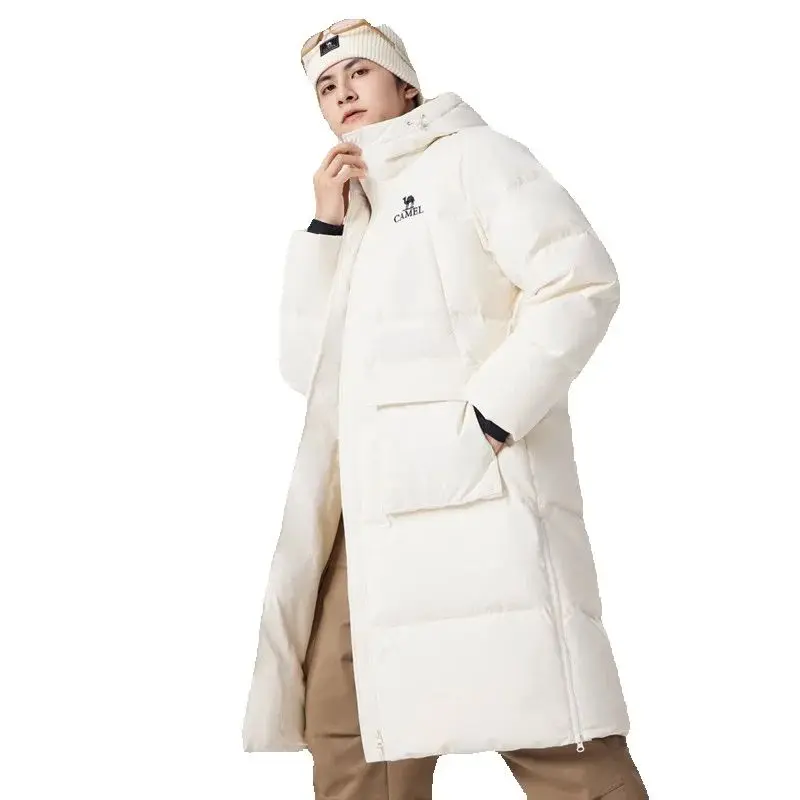 GOLDEN CAMEL Long Over-the-Knee Down Jackets Hooded Thick Warm Windproof White Duck Men And Women Outdoor Coats -25℃