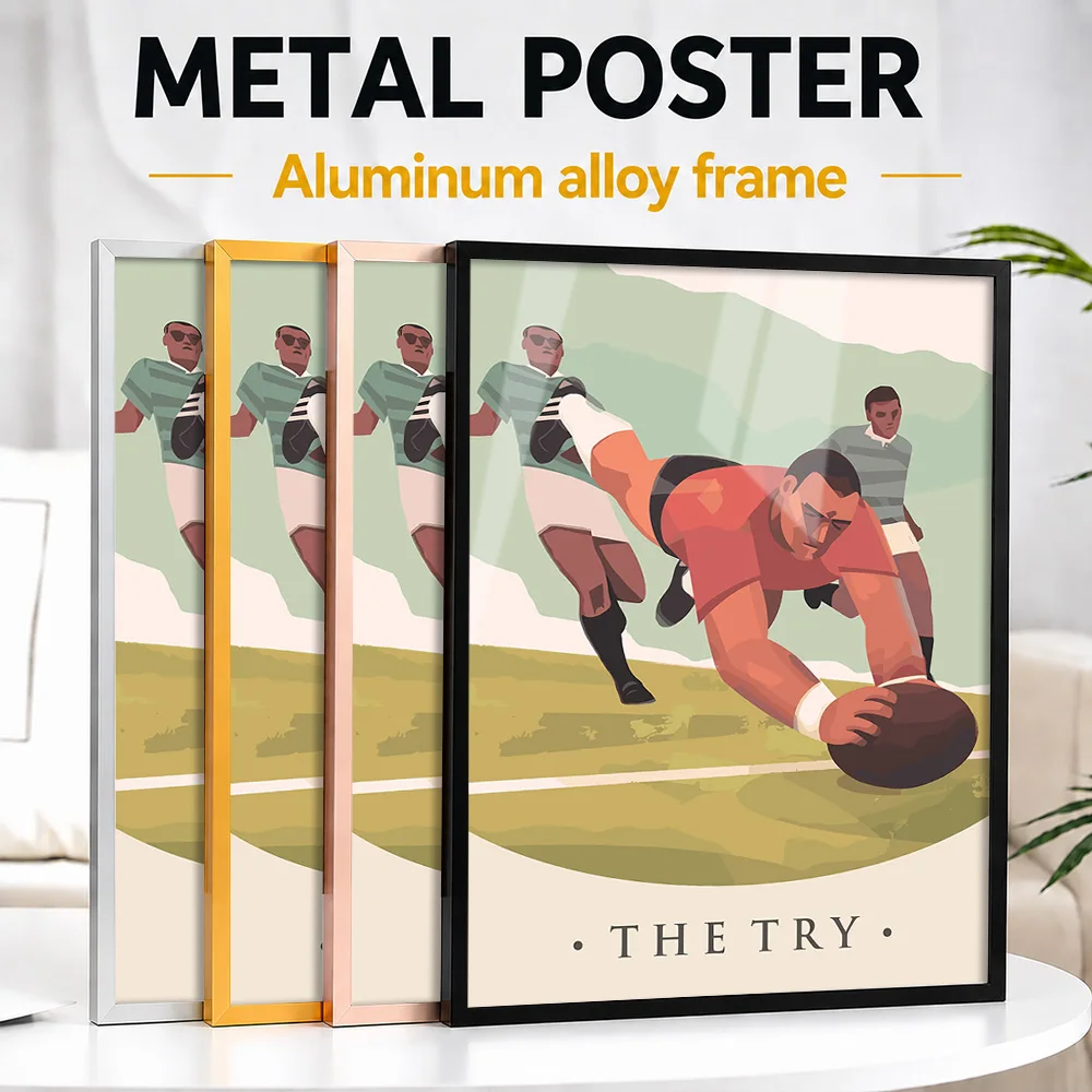 Rugby Player Scoring A Try Framed Metal Print Customized Photo Dynamic Field Style Wall Art For Sports Bar Unique Athlete Gift