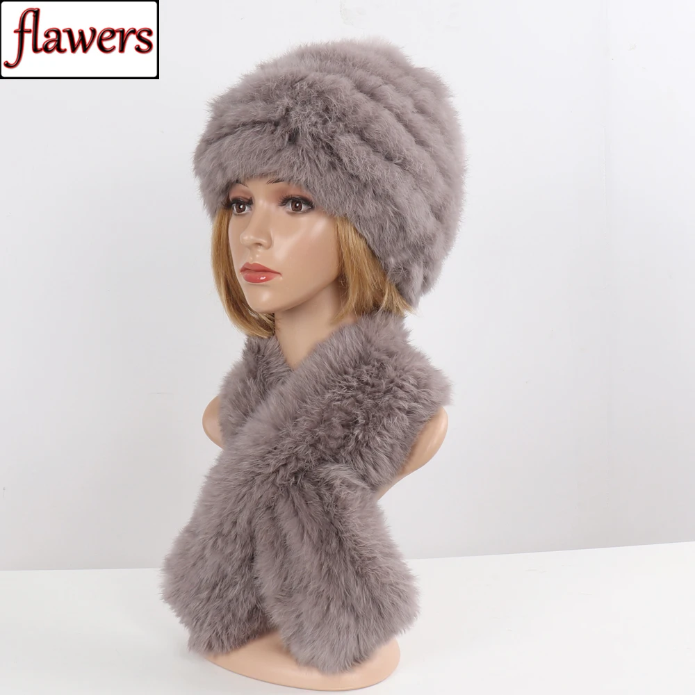 

New Women Winter Knitted Real Fur Cap Scarves Sets Lady Natural Warm Real Rabbit Fur Hats Muffler 2 Pieces Rabbit Fur Hat Scarf