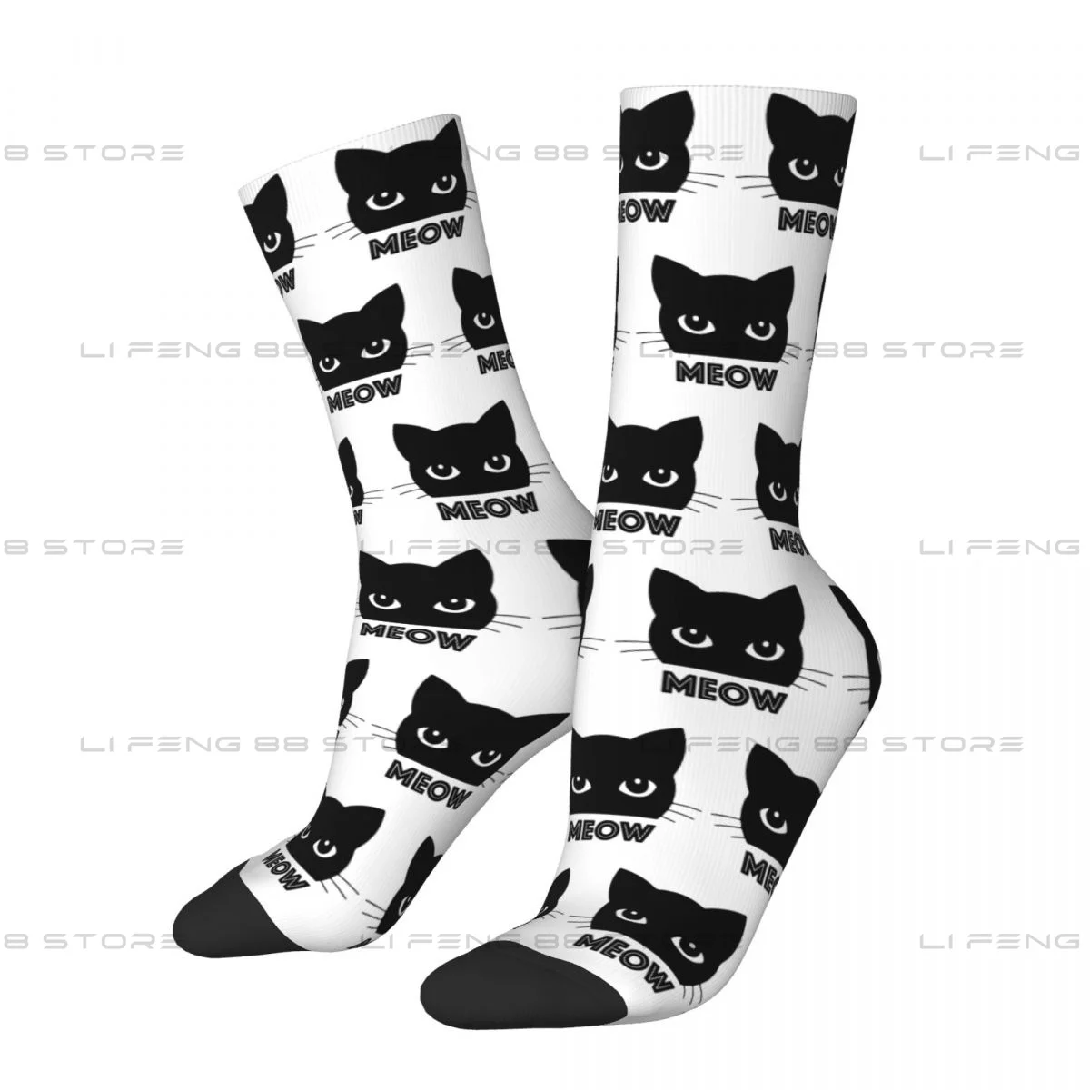 Funny Black Cat Saying Meow Minimalist Design Men Women Socks Outdoor Novelty Spring Summer Autumn Winter Stockings Gift