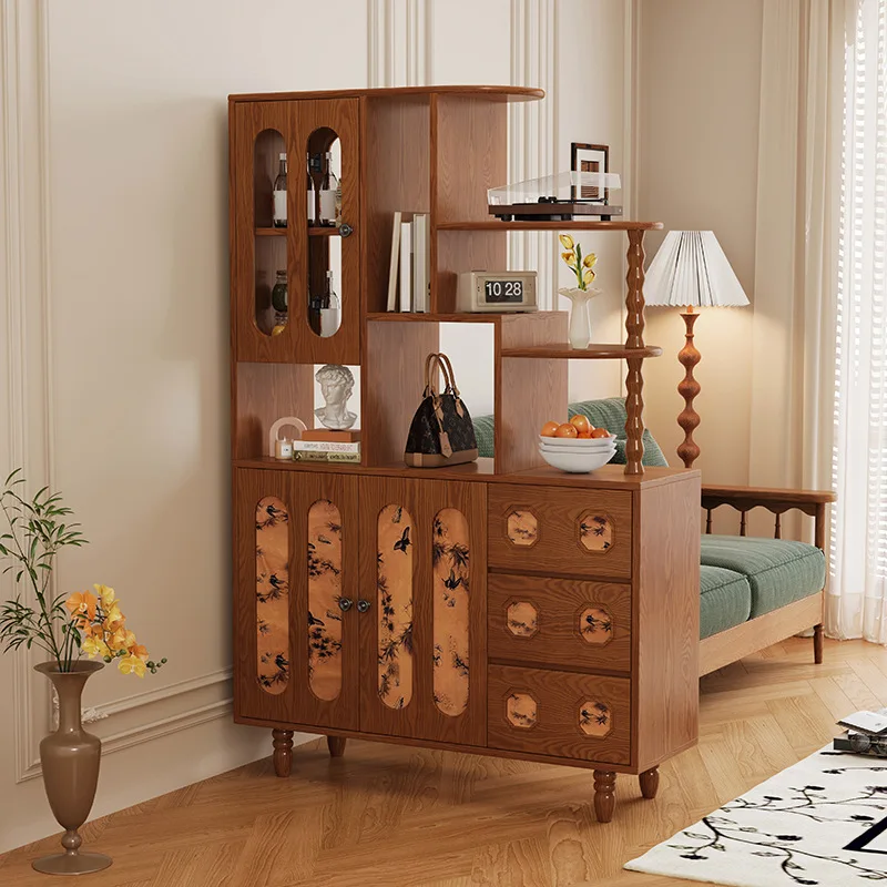 Mid-Century Style All Solid Wood Entrance Cabinet French Vintage Living Room Wall Storage Cabinet with Drawer Foyer Cabinet Stor
