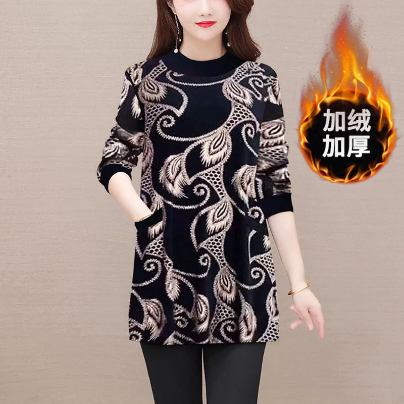 Women Winter Korean New Half High Collar Pullover Commuting Fashion Printing Pocket Splicing T-shirt Thickened Medium Long Tops