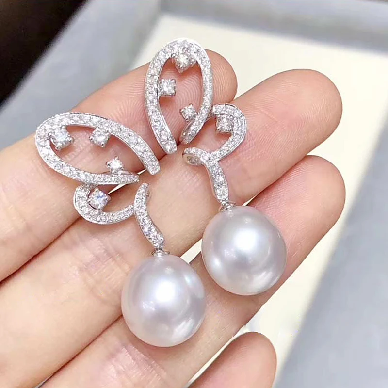 MeiBaPJ Luxurious 9-10mm Natural White Pearls Butterfly Drop Earrings 925 Silver Empty Tray Fine Wedding Jewelry for Women