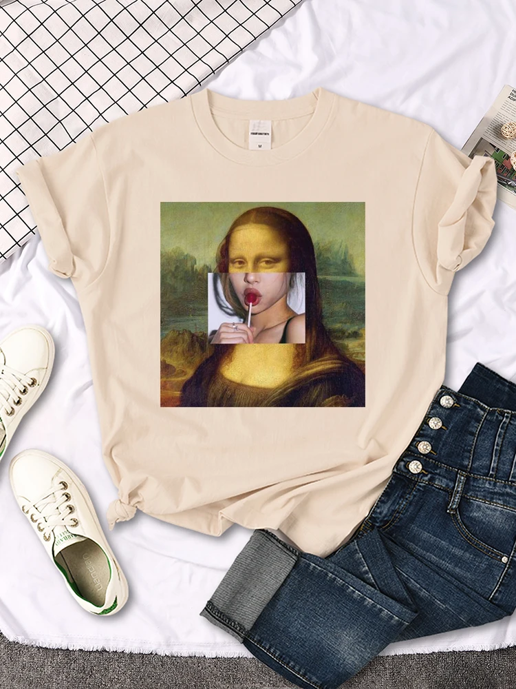 Womens T Shirt Mona Lisa Eating Candy After Changing Her Face Funny Print Tees Women oversize Loose Tops Harajukua Female Tshirt