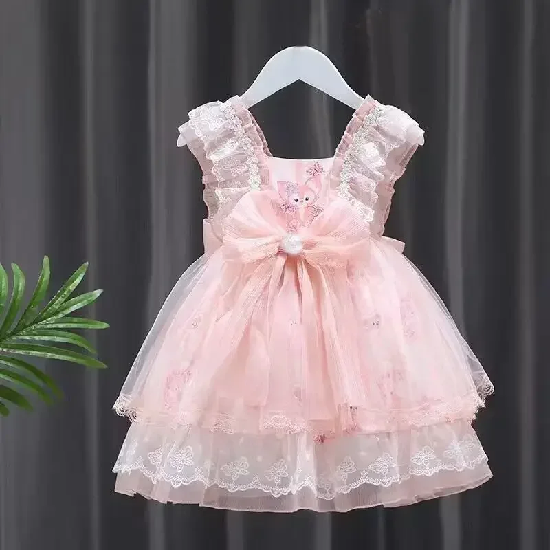 2024 Girls New Summer Dress Children's Pink Lolita Fashion Lace Princess Dress Baby Cartoon Animal Sleeveless Sweet dresses 3-9T
