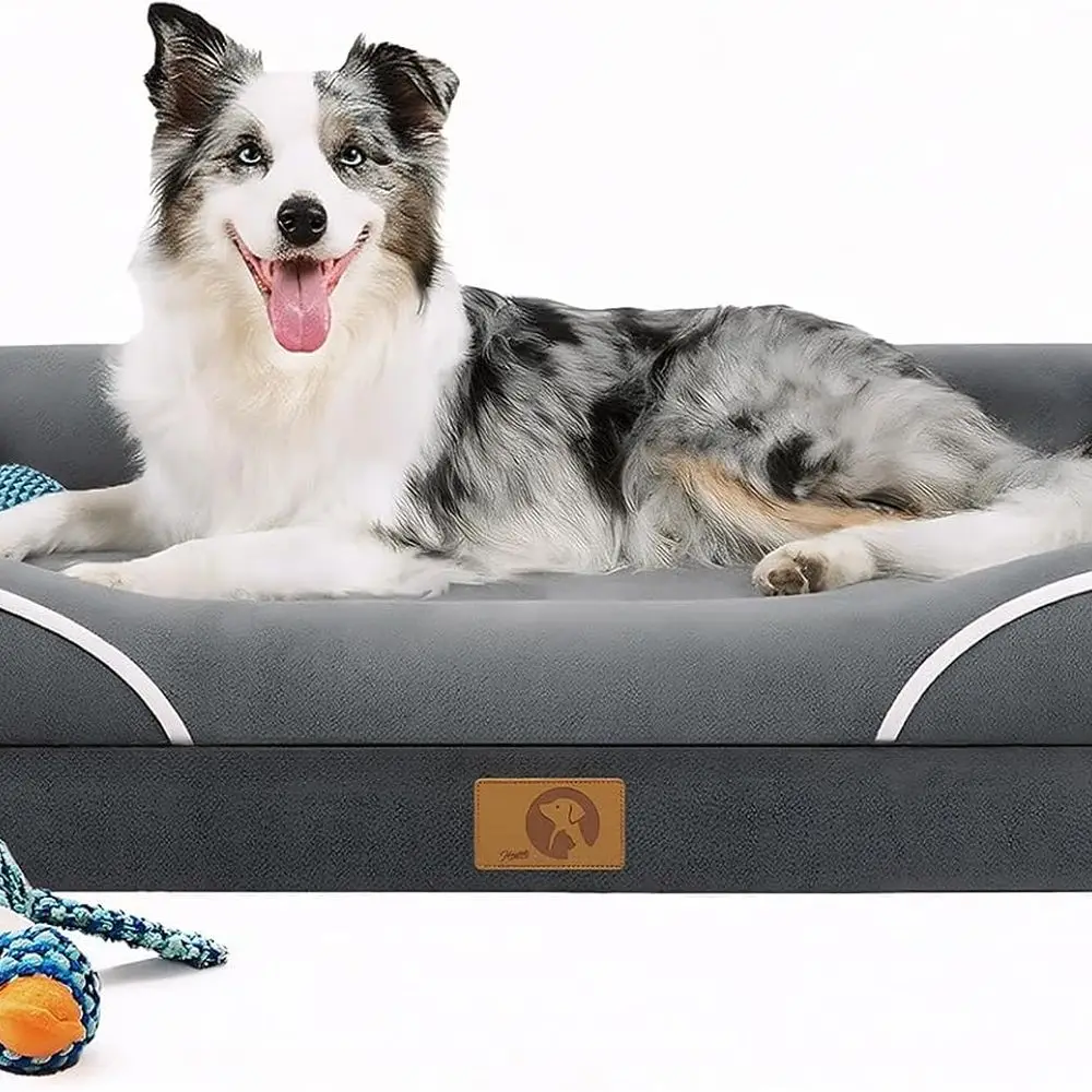 

Ортопедическая кровать для собак XL для больших пород: уличный диван для домашних животных 42x30 со съемным чехлом и нескользящим основанием, темно-серый