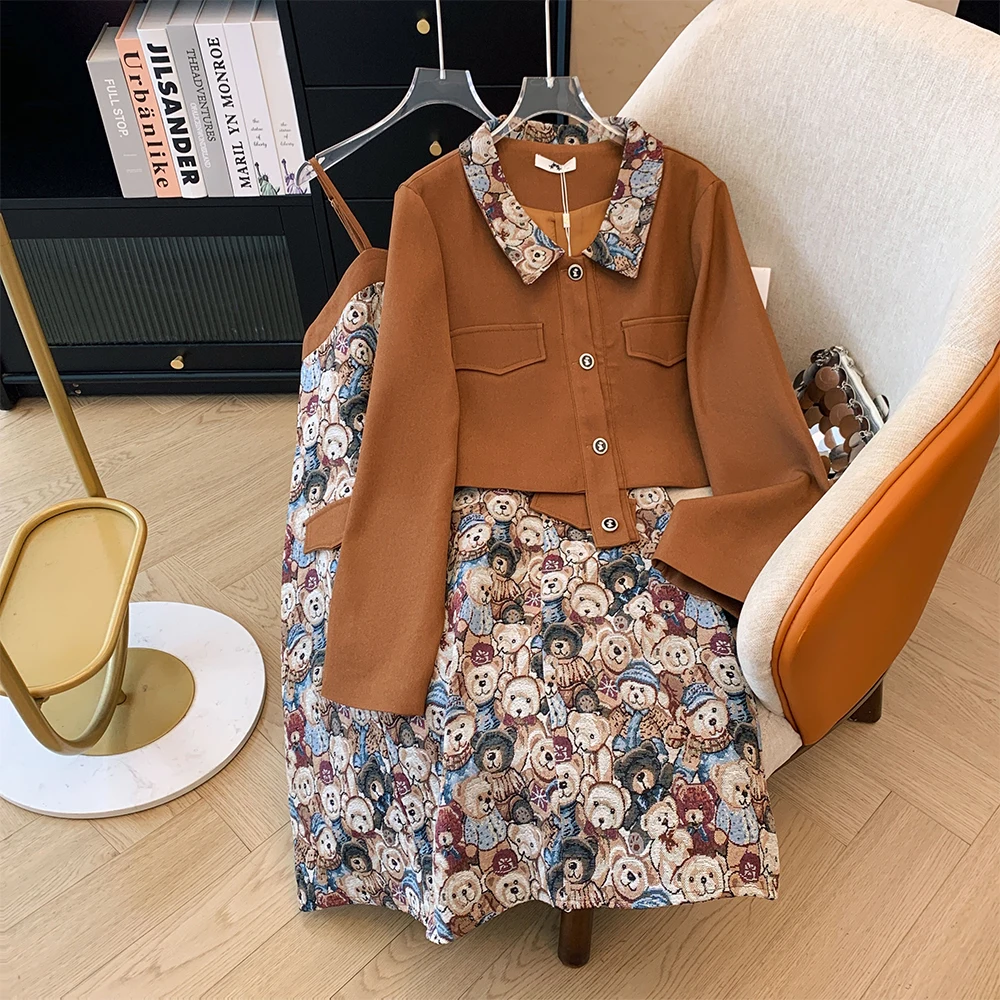 Plus-size Women's Fall Casual Commute Loose Comfort set Vintage style lapel button-up long sleeve top Cartoon print halter dress