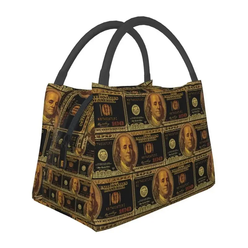 

Gold 100 US Dollar Bill Lunch Boxes for Women Banknotes Pattern Thermal Food Insulated Lunch Bag Hospital Office Pinic Container