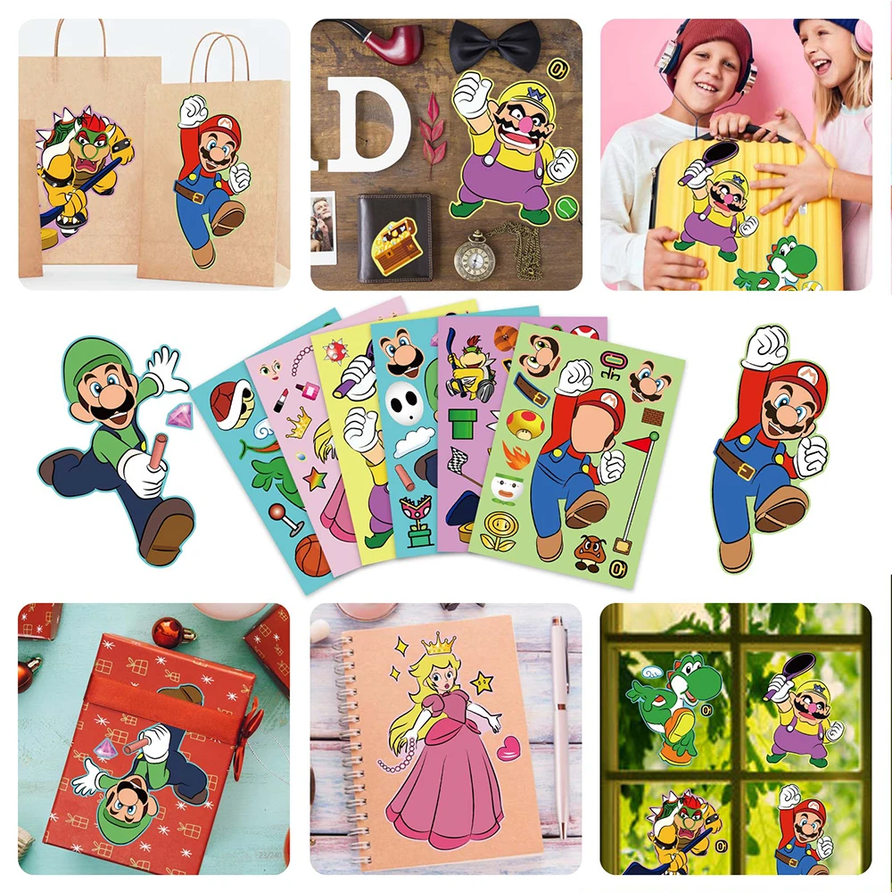 6/12 vellen Super Mario Cartoon Game Puzzel Stickers Maken een Gezicht Kinderen DIY Monteren Jigsaw Decals Speelgoed Kid verjaardagsfeestje Gift