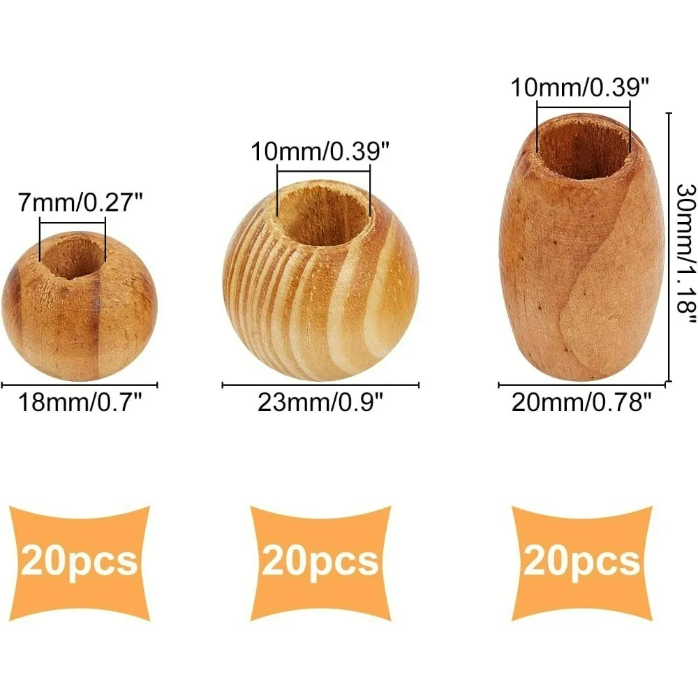 60 Pcs Natural Wood Beads Loose Wood Beads Large Hole Wood Spacer Beads for Craft Making DIY Jewelry - Barrel & Rondelle