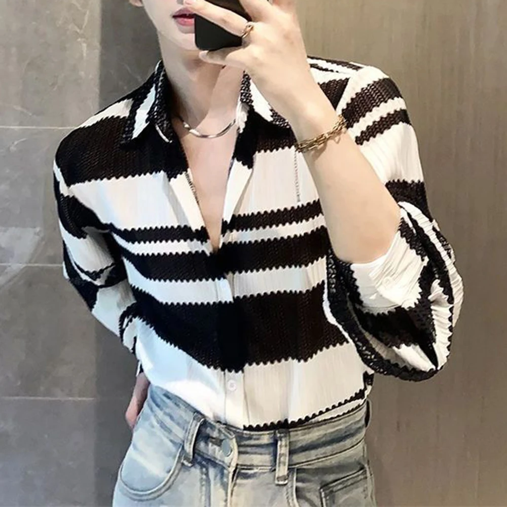 

Mens Casual Splicing Striped Long-Sleeved Shirt Genderless 2024 New Fashion Individuality Retro Thin Hollow Loose Top Unisex