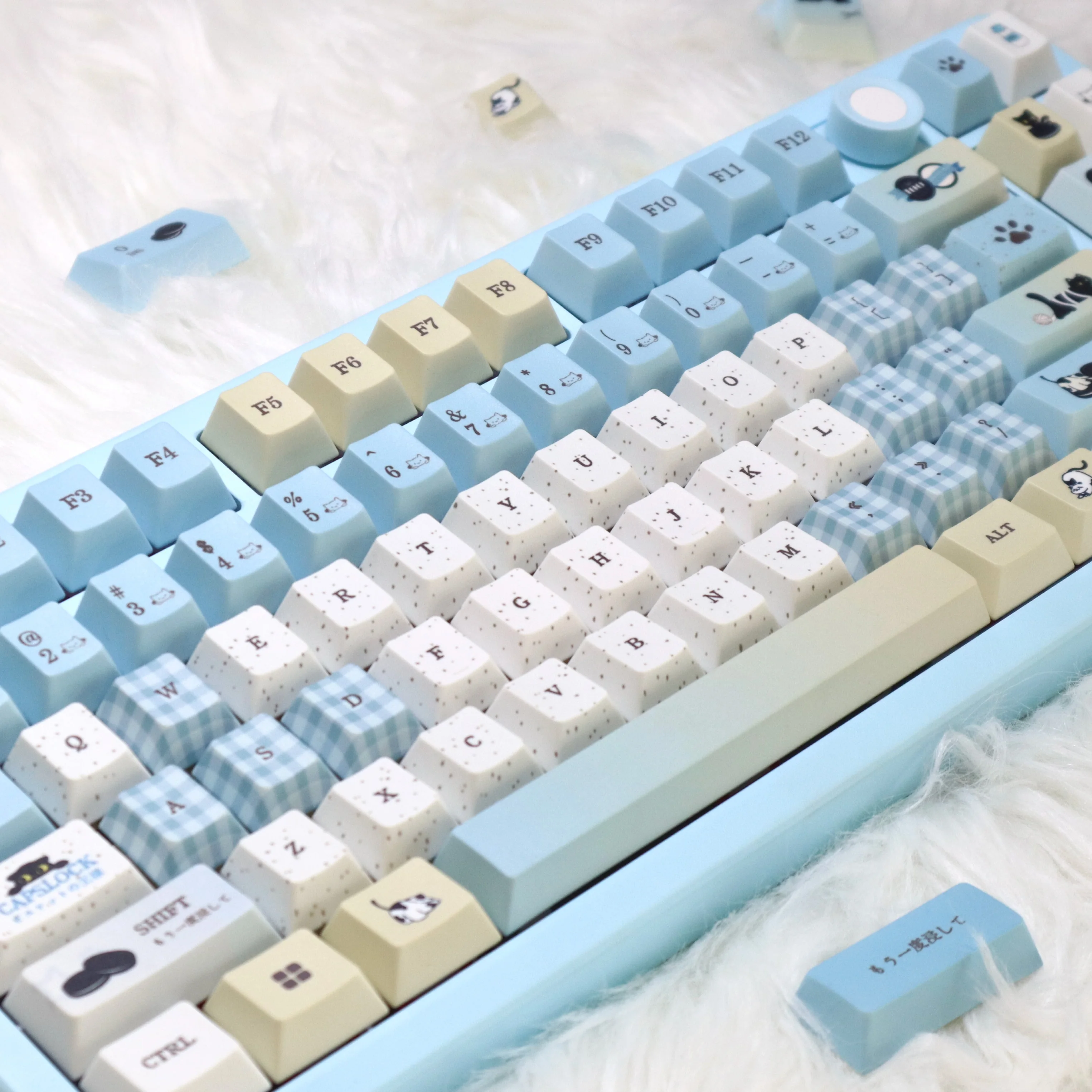 

Черно-белые колпачки для клавиш Waltz Cherry Pbt Process Синие милые колпачки в горошек для клавиатуры Diy Aula F75/F99 140 клавиш